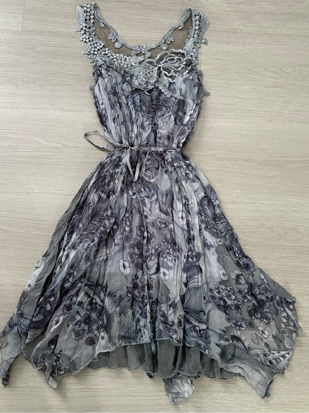 Pretty Angel Gray Floral Lace-Trim Asymmetrical Dress